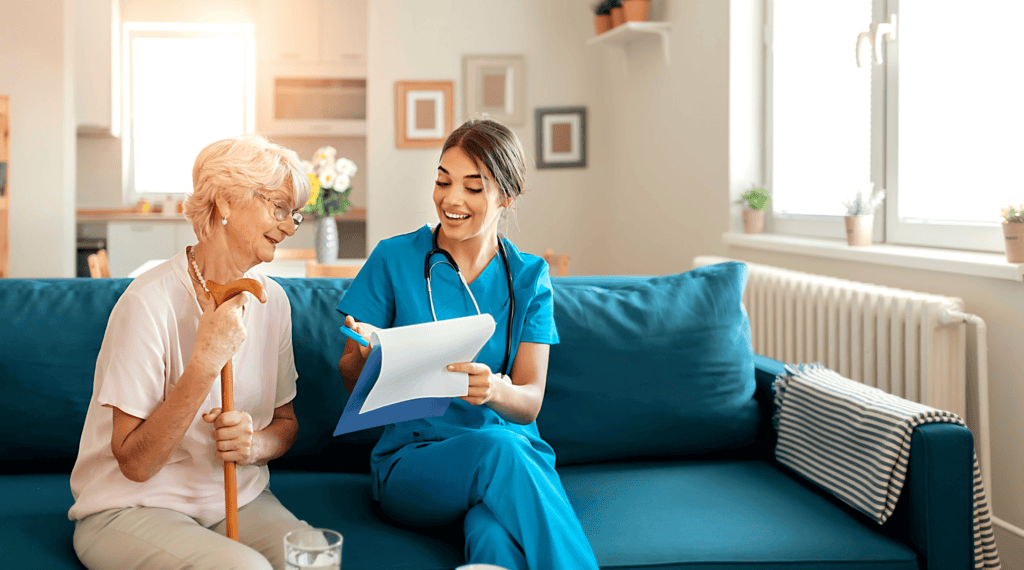 Healthcare worker consulting with elderly patient at home|azbn certification logo|Logo of Arizona State Board of Nursing (AZBN)