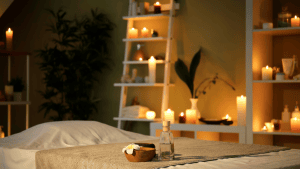 An image of a massage therapy room with candles and a bed