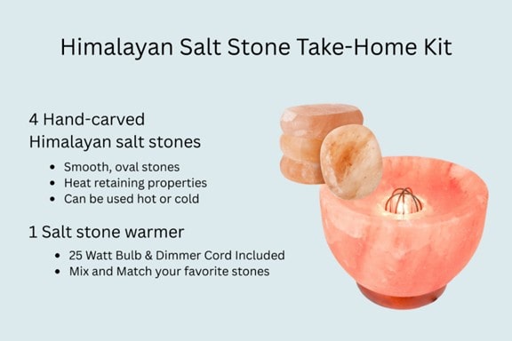 Himalayan salt stone take-home kit with hand-carved stones and warmer for smooth oval stone treatments hot or cold.